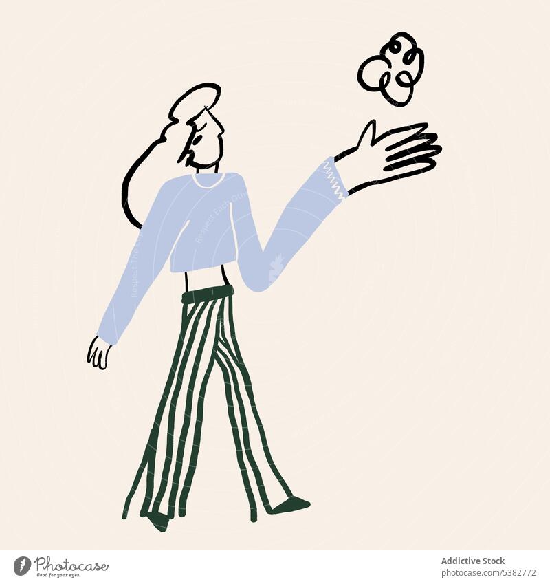 Cartoon Frau mit großer Hand und Blume Phantasie Kunst Karikatur Clip Zeichnung linear Blütezeit Arme einfach Blütenblatt führen Halt Charakter graphisch