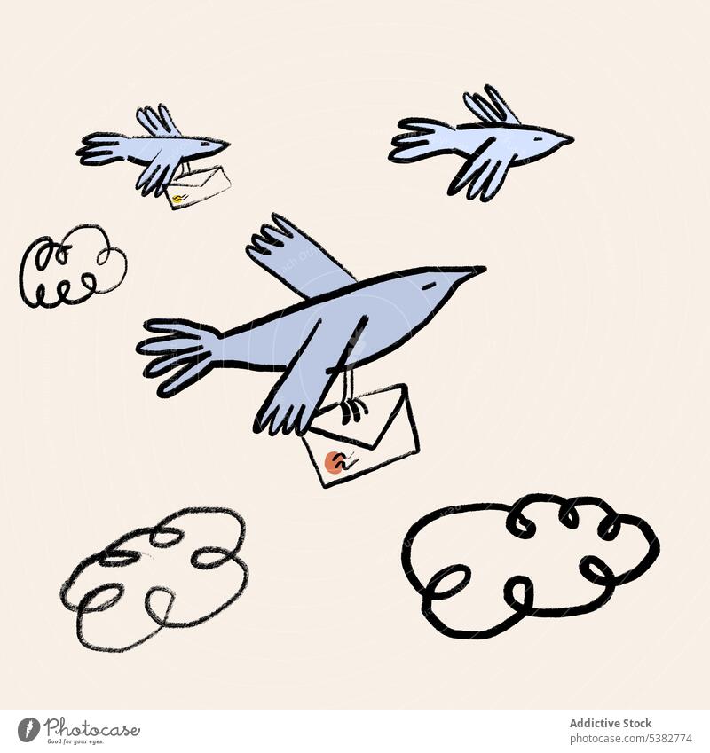 Niedliches Bild von Vögeln mit Buchstaben Vogel Brief Kuvert Fliege führen Messenger Karikatur Grafik u. Illustration linear kreativ Kunst sehr wenige Linie