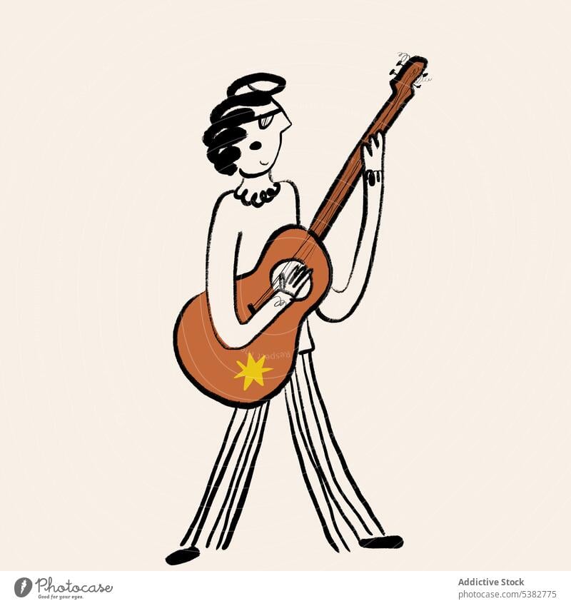 Kreative Cartoon-Zeichnung von Frau mit Gitarre als Brief Typ Schriftart Typographie kreativ Kunst graphisch Bild spielen Farbe x Grafik u. Illustration Clip