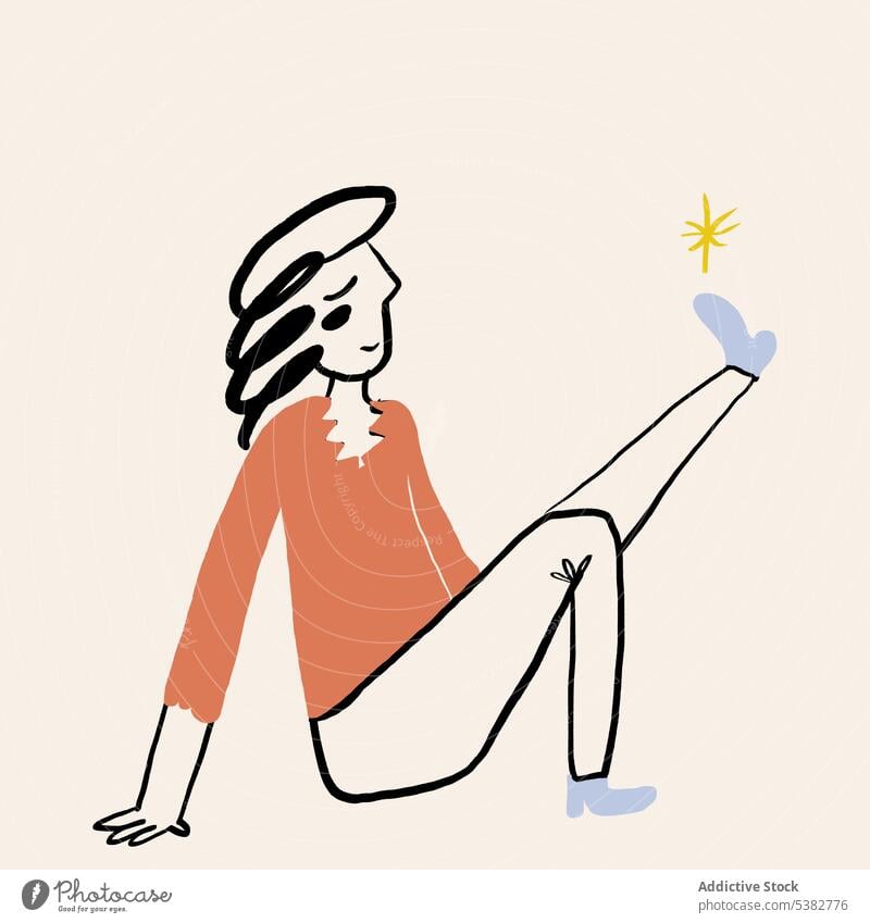 Verträumte Cartoon-Frau mit Stern am Bein träumen Wachtraum Karikatur einfach kreativ graphisch besinnlich Bein angehoben Freude flacher Stil Kunst Handwerk