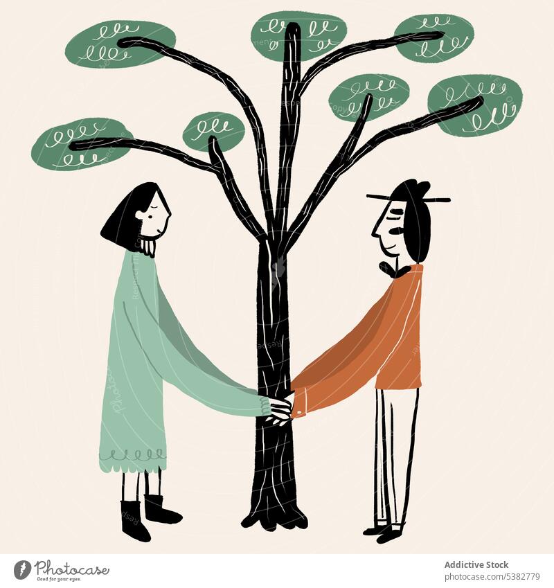 Cartoon-Paar, das sich an einem Baum die Hände hält Händchenhalten Natur Harmonie Kunst Grafik u. Illustration romantisch einfach schließen Konzept