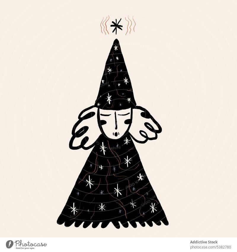 Zeichnung eines verträumten Zauberers mit spitzem Hut träumen Karikatur kreativ Zauberei u. Magie Kunst Phantasie Grafik u. Illustration Zipfelmütze graphisch