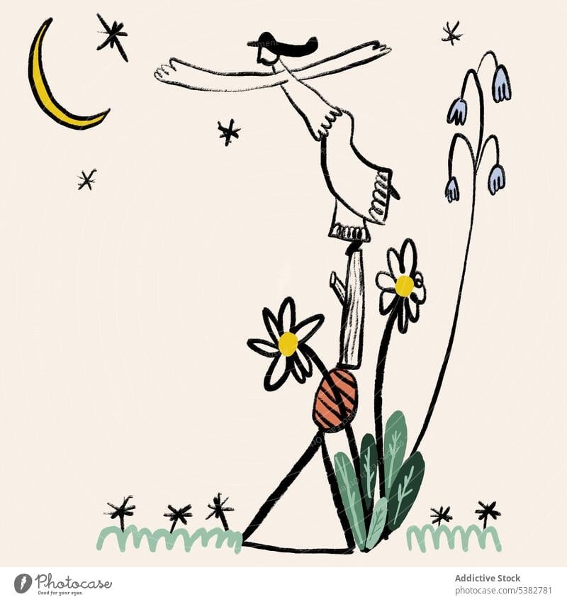 Kreative Illustration einer auf einer Pflanze balancierenden Figur Charakter Phantasie Gleichgewicht Erreichen träumen Fliege sich[Dat] einbilden Natur kreativ