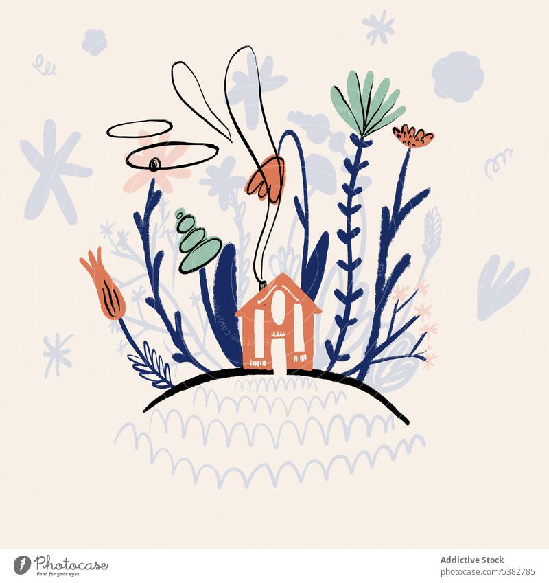 Abstrakte Illustration eines Hauses mit Pflanzen surreal kreativ Kunst graphisch Karikatur Grafik u. Illustration Zeichnung Flora einfach Design vegetieren