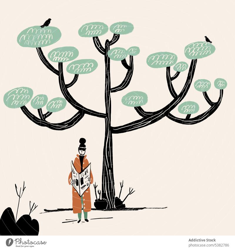 Zeichnung einer Frau mit Zeitung unter einem Baum lesen Grafik u. Illustration Nachrichten Park ruhen Karikatur Freizeit Konzept Erholung einsam Mantel Hobby