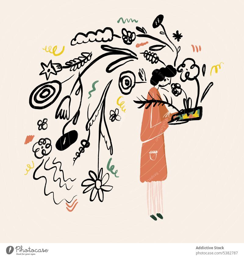 Kreative Zeichnung einer Frau, die ein Geschenk öffnet Kasten Überraschung Konzept Blume Bild Karikatur Veranstaltung Grafik u. Illustration Charakter einfach