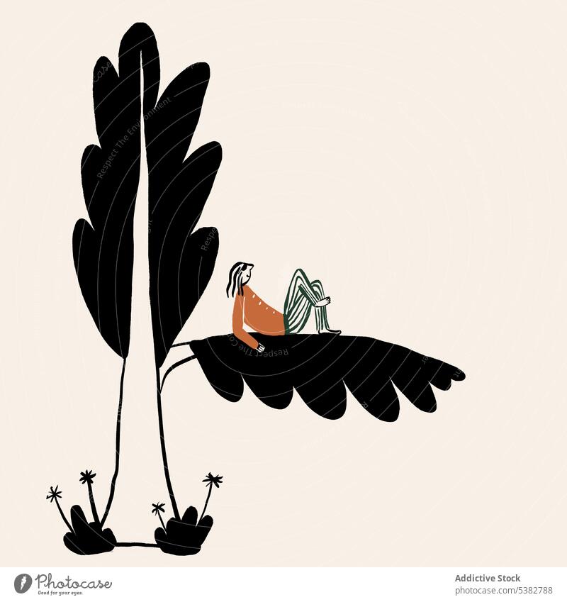 Zeichnung einer Person, die sich auf einem Baumzweig abkühlt Kälte räkeln Karikatur Charakter Design Ast Grafik u. Illustration Tusche Erholung flacher Stil