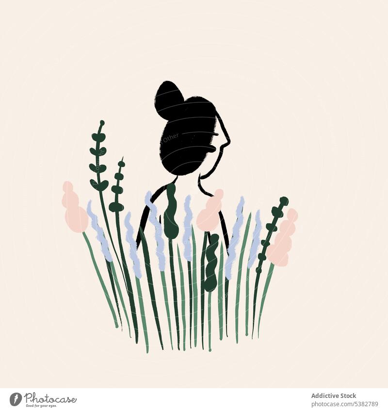 Zeichnung einer Frau, die sich im hohen Gras versteckt Angebot Tierhaut Deckung Kunst Individualität Bild einfach Inspiration Feld kreativ Karikatur Model