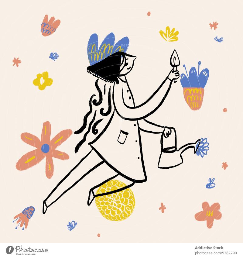 Zeichnung eines verträumten Gärtners, der in der Luft fliegt Frau träumen Blume Kunst Karikatur Gießkanne kreativ Grafik u. Illustration kultivieren Vorlage