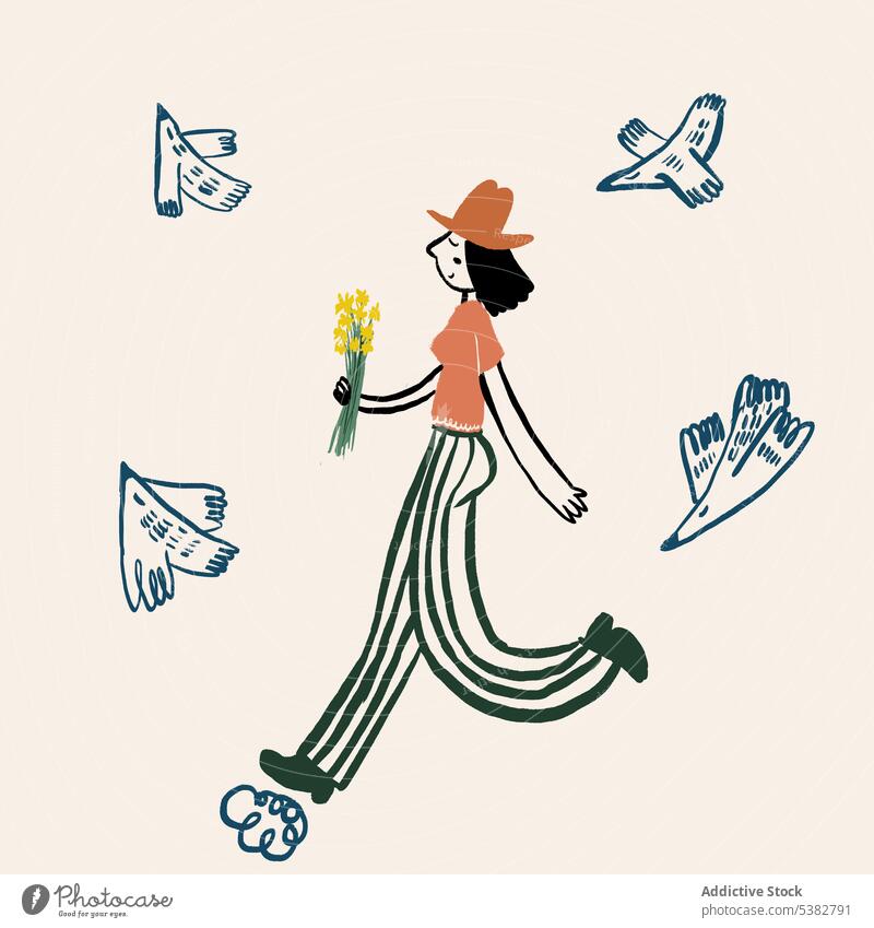 Illustration einer verträumten Frau mit Blumen unter Vögeln träumen Vogel Spaziergang Fliege Stil Inhalt kreativ Kunst flacher Stil Zeichnung Inspiration Design