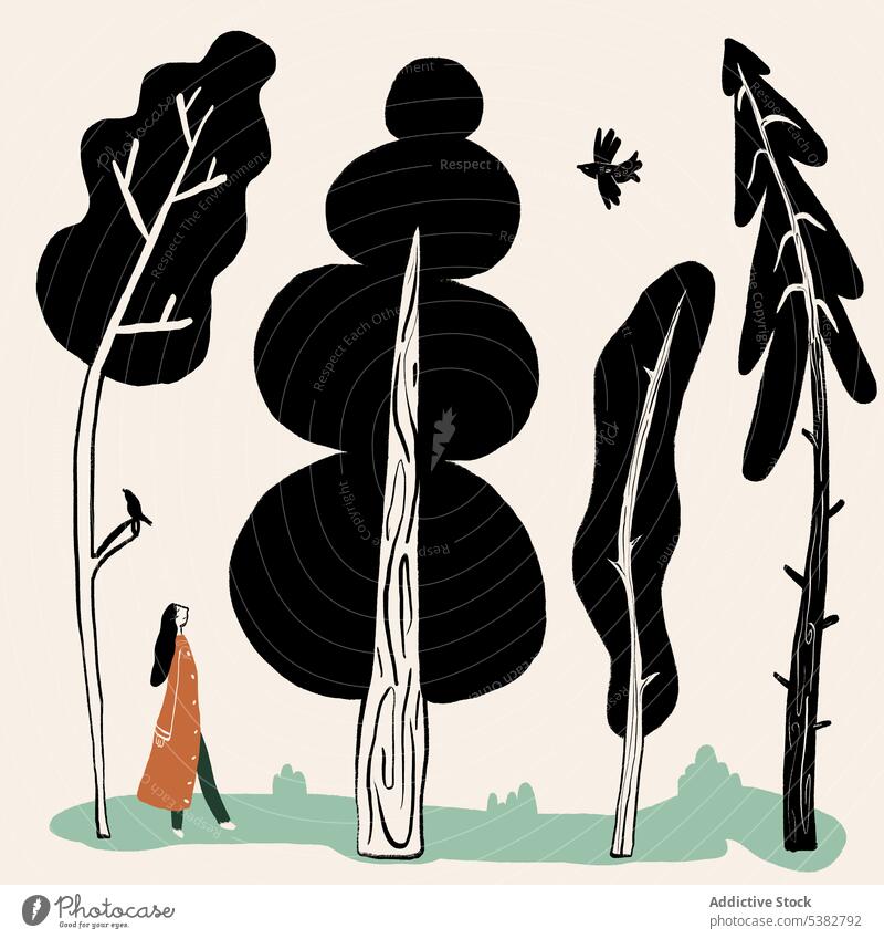 Cartoon Person zu Fuß im Wald Frau schlendern Wälder Bild Zeichnung kreativ genießen Grafik u. Illustration Natur Karikatur einfach linear Baum Kunst Freiheit
