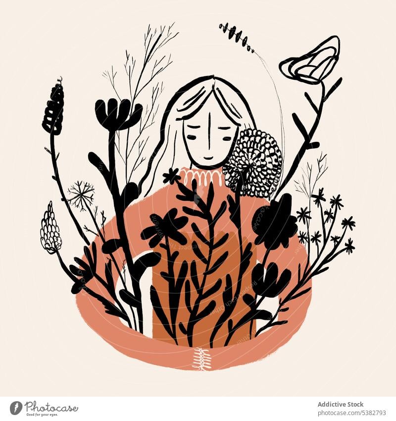 Illustration des Weibchens bei linearen Pflanzen Frau Kunst Angebot Blume Umarmen Haufen filigran Konzept Karikatur natürlich Blumenstrauß sanft kreativ Flora