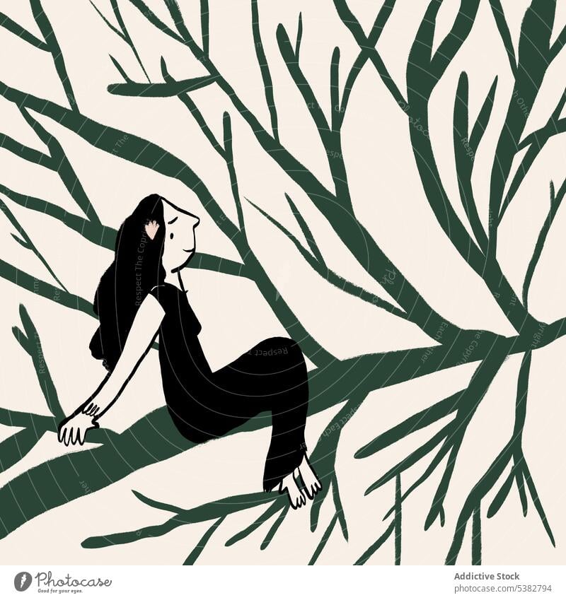 Illustration einer träumenden Frau, die auf einem Baumzweig sitzt Ast Zeichnung Grafik u. Illustration Wachtraum ruhig Inspiration einfach Karikatur besinnlich