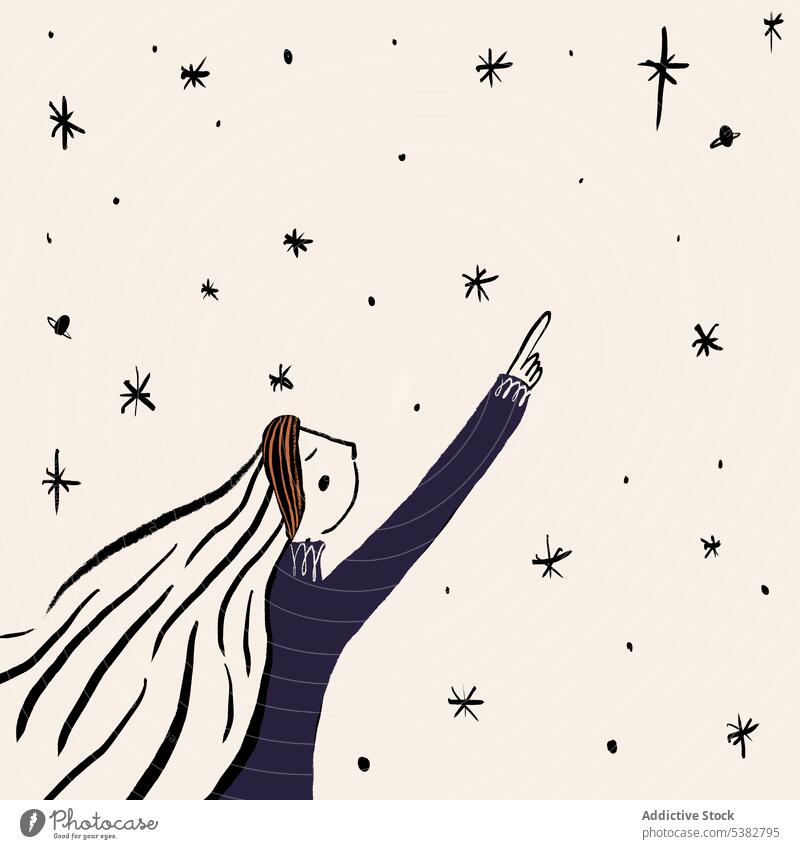 Zeichnung einer Frau, die auf einen Stern am Himmel zeigt zeigen Vorstellungskraft nach oben zeigen Bild leuchten Grafik u. Illustration einfach sehr wenige