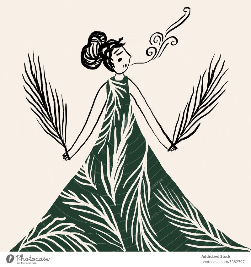 Einfache Zeichnung einer Frau mit Zweigen und Rauch Kunst Blatt Pflanze kreativ Bild Vorstellungskraft Design Charakter Phantasie Kleid Ast Inspiration Sommer