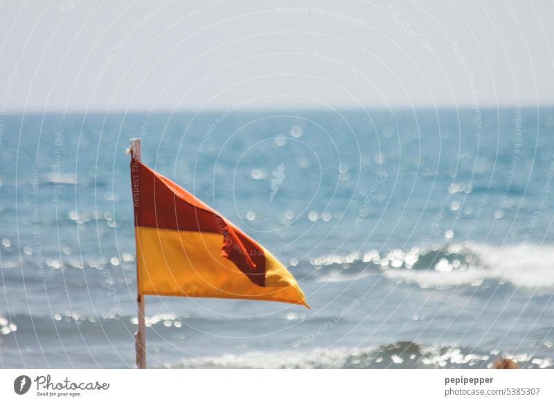 Rot-gelbe Flagge am Mast signalisiert einen bewachten Strandabschnitt Fahne Badestrand bewachter strand wehen Meer Meeresufer Meeresküste Wasser Wellen
