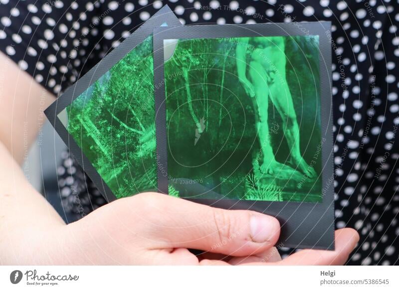 Mainfux-UT | Hand hält zwei Polaroid-Fotos, abgebildet ist eine nackte Statue und ein Garten in verfälschter grüner Farbe Bild Foto vom Foto Fotografie analog