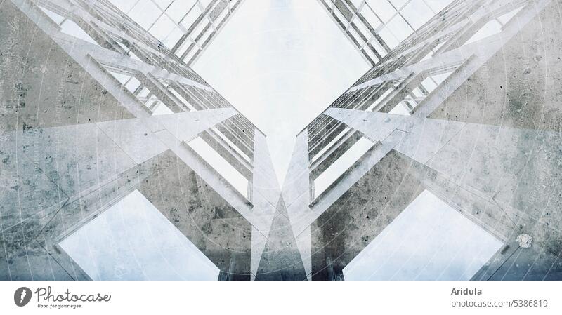 Froschperspektive | Architekturspiegelung Moderne Architektur Fenster Haus Bauwerk Gebäude Spiegelung Beton Betonwand Himmel Wolken grau Geometrie geometrisch