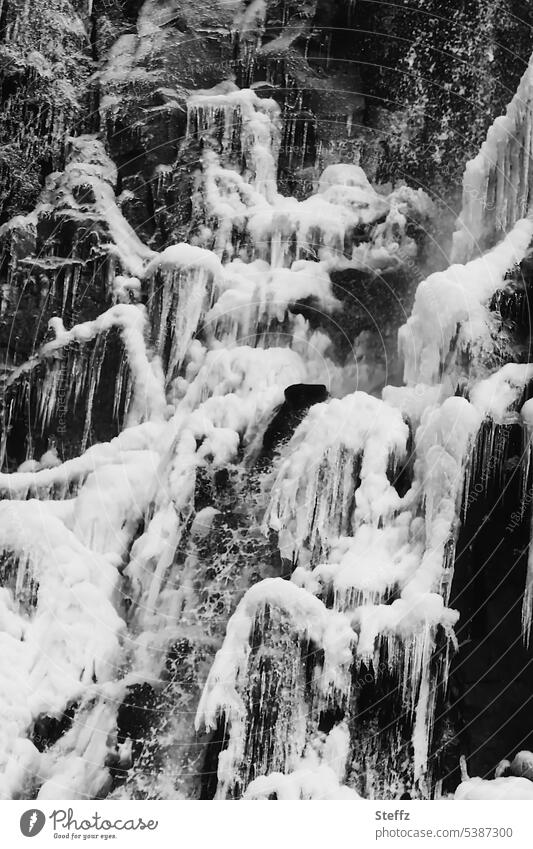 Wasserfall mit Eisformen auf Island Ostisland eingefroren Eiszapfen eisig Frost kalt eiskalt frostig frierend weiß vereist Formen Kälte Naturgewalt schwarzweiß