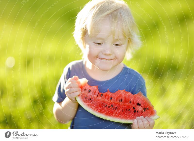Süßer kaukasischer kleiner Junge mit blonden Haaren isst frische Wassermelone im Freien Kind Lebensmittel genießen Menschen essen Sommer Natur Mädchen weiß