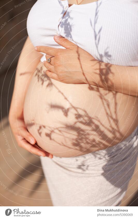 Schwangere Bauch mit floralen Schatten. Schöne Schwangerschaft. Junge Frau umarmt zärtlich ihren schwangeren Bauch. Eltern Tapete Diät natürlich Lifestyle Form