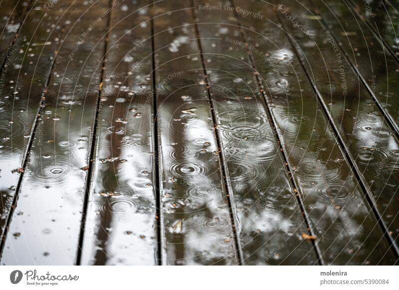 Regentropfen auf dem nassen Holzboden der Terrasse patio Tropfen hölzern Stock Haus Schiffsdeck außerhalb Wasser Hinterhof im Freien