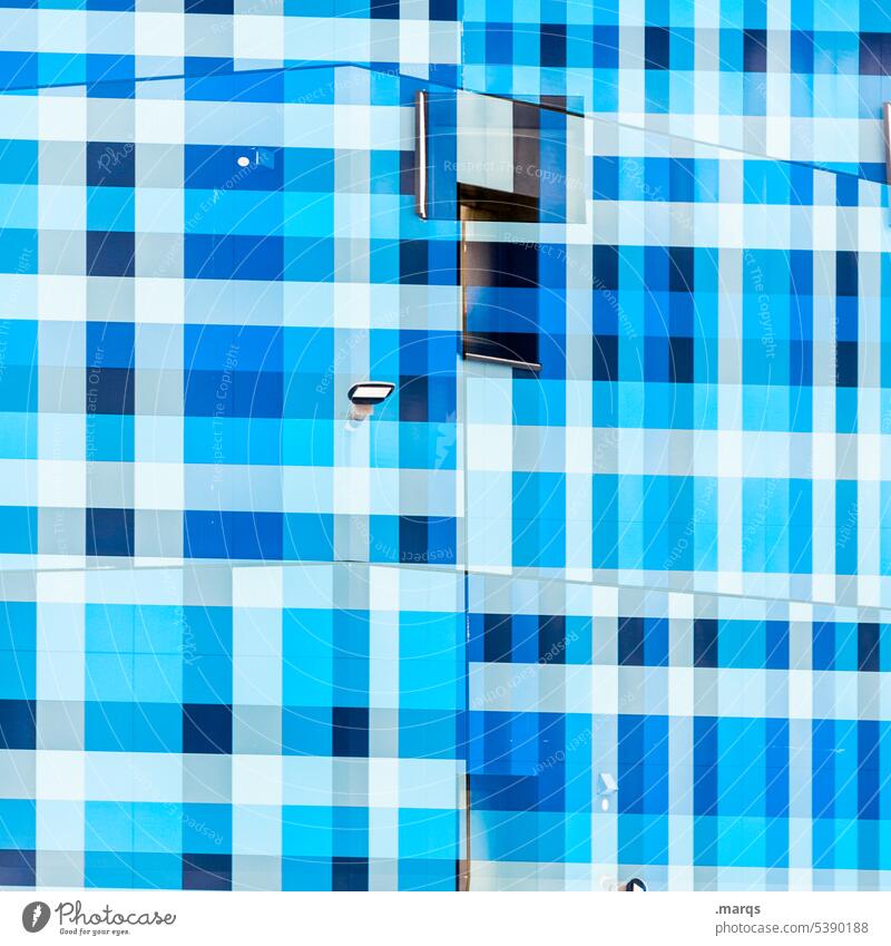 Fenster abstrakt Doppelbelichtung Muster blau Fassade außergewöhnlich Linie Strukturen & Formen modern Irritation Design verrückt Perspektive Stil Farbe
