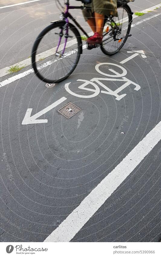 Fahrendes Fahrrad ( halb im Bild ) Fahrradweg Markierung Richtung Fahrtrichtung Fahrradfahrer Sport Umweltschutz unterwegs Stadt Verkehrsregeln Linien Pfeil