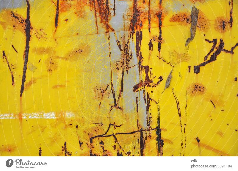 gelb | abstrakt Farbe goldgelb rostig Rost Strukturen & Formen Metall alt Detailaufnahme Vergänglichkeit Wandel & Veränderung abblättern Zahn der Zeit Muster