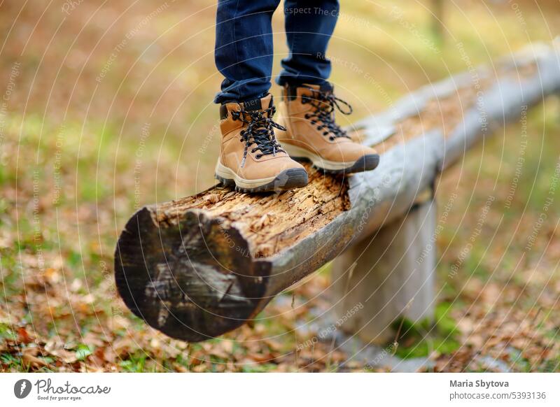 Nahaufnahme von Kinderbeinen in Wanderschuhen. Preteen Junge Spaß auf einem Baumstamm während eines Spaziergangs im Wald an einem sonnigen Herbsttag. Aktive Familie Zeit auf die Natur.