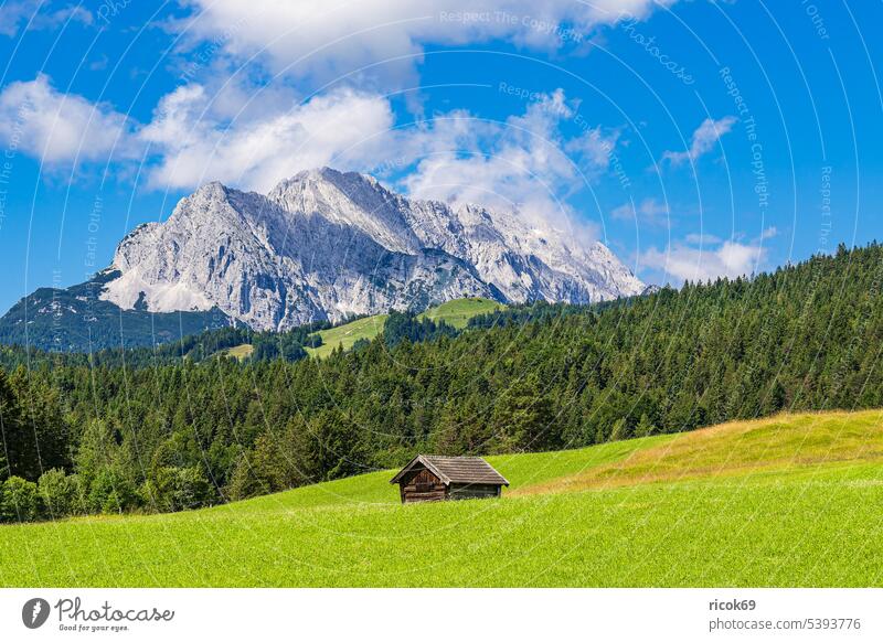 Heuhütte in den Buckelwiesen zwischen Mittenwald und Krün Alpen Gebirge Bayern Hütte Holzhütte Landschaft Natur Wettergebirge Landkreis Garmisch-Partenkirchen