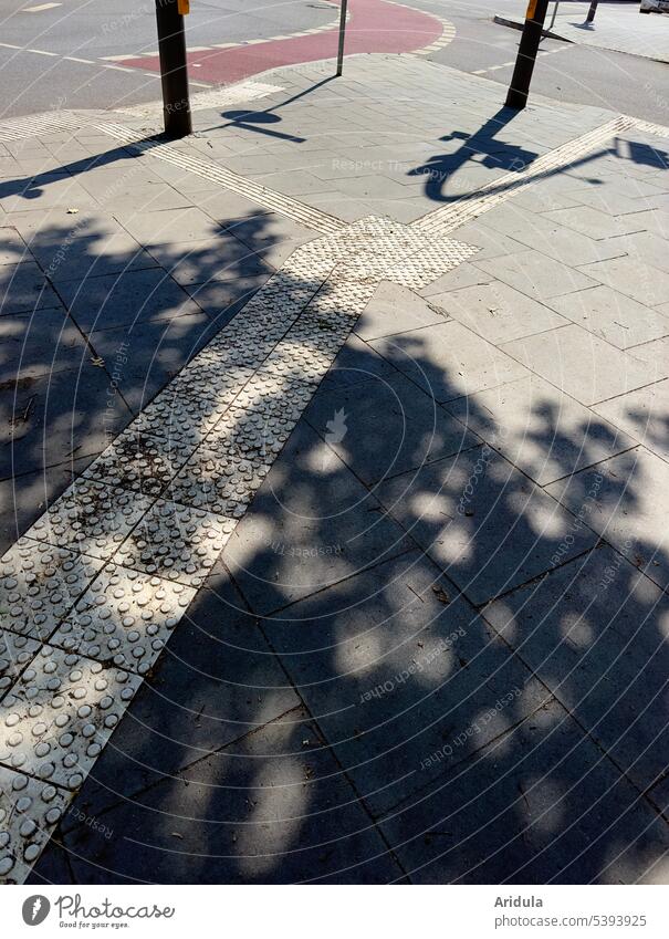 Sonnige Straßenkreuzung mit Baumschatten Asphalt Radweg Schatten Fußweg Ampel Wegmarkierung Orientierungshilfe Sehschwäche blind Sonnenlicht hell Verkehrswege