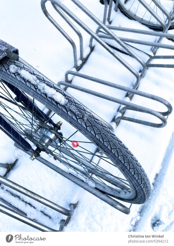 Launen der Natur | Wintereinbruch Schnee Fahrrad im Schnee Fahrradständer Fahrradreifen Herbst kalt verschneit weiß Winterstimmung Wintertag winterlich Kälte