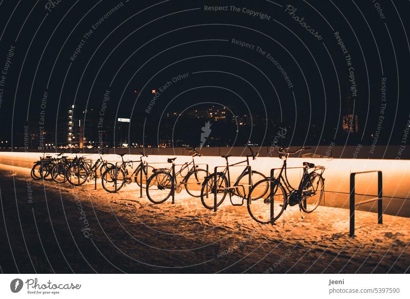 Fahrräder aufgereiht im Winter Fahrrad Fahrradständer Humboldt-Forum dunkel Nacht Berlin Hauptstadt leuchten Beleuchtung Stadtzentrum Abend nebeneinander Mitte