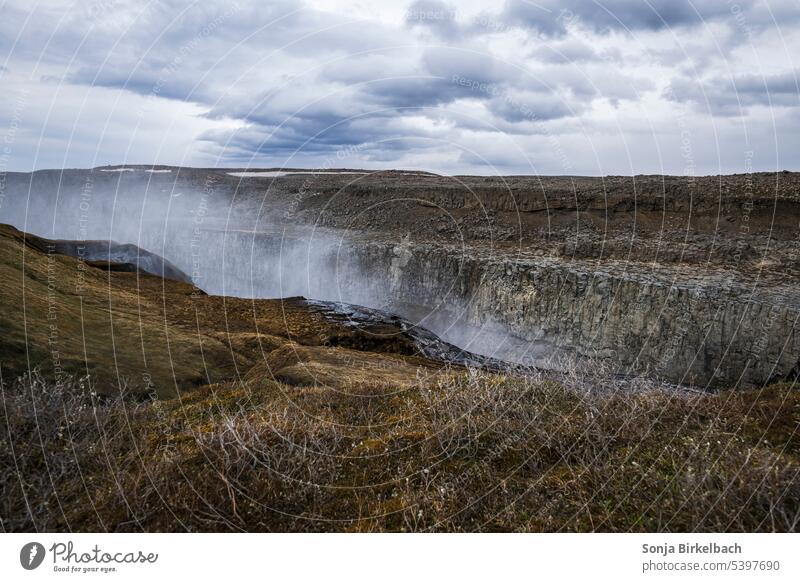 Brodelnde Gischt am Dettifoss in Island Landschaft Wasserfall Farbfoto Umwelt Schlucht Natur Felsen Außenaufnahme Urelemente Fluss Tag Kraft Menschenleer