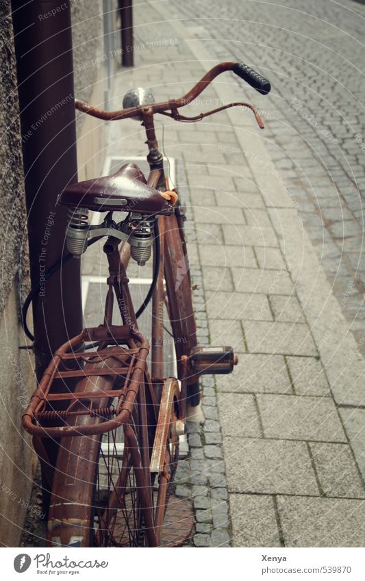 Rost am Rad Fahrrad Metall alt retro Stadt braun Romantik bescheiden zurückhalten Kopfsteinpflaster Erinnerung Nostalgie angelehnt Pause Fahrradsattel