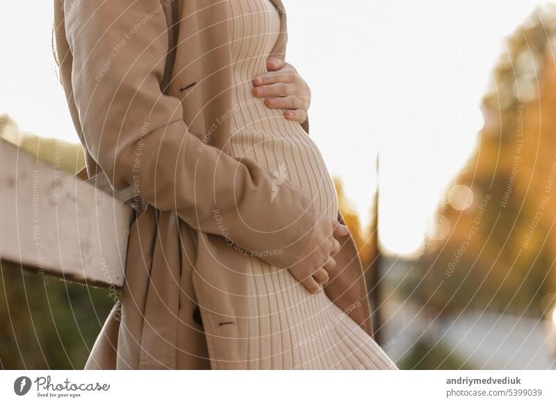 Cropped Foto der schwangeren Frau hält die Hände auf den Bauch in den Herbst Park. Junge Frau in Mutterschaft warmen Kleid und Mantel warten auf Baby Geburt. Schwangerschaft, Mutterschaft, Muttertag. Glückliche Schwangerschaft.