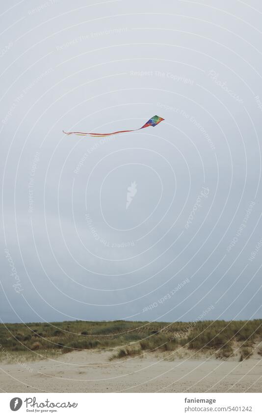 Fliegender Drache über Dünenlandschaft Wind Kinderspiel Spielzeug Zeitvertreib fliegen Unbeschwertheit Sturm Cadzand Strang Nordsee