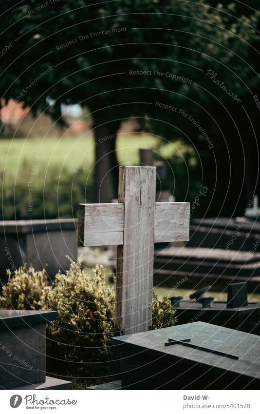 Kreuz auf einem Friedhof Grab Trauer Tod Gedenken Ruhestätte Erinnerung Stille Vergänglichkeit Traurigkeit Beerdigung düster Grabstein Schmerz Frieden