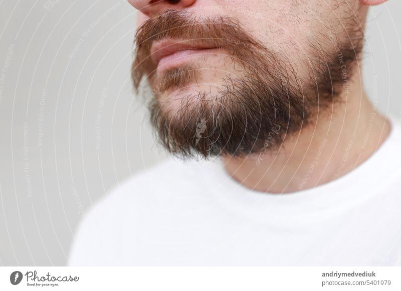 Abgeschnittenes Foto eines bärtigen Mannes mit ersten grauen Haaren auf dem überwucherten struppigen Bart und der Mähne. Verlust von Melanin in jungen Jahren, Ursachen: genetische Veranlagung, hormonelle Störungen, Störungen des endokrinen Systems