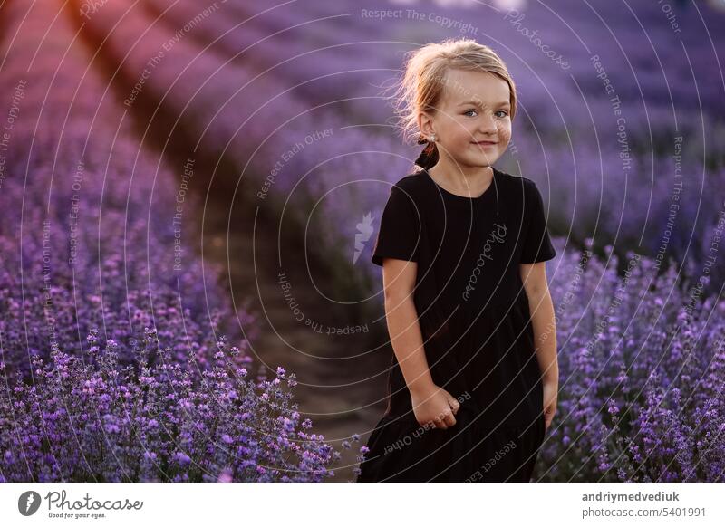 Porträt eines niedlichen Mädchens mit einem Strauß Lavendelblüten in den Händen. Ein Kind geht in einem Feld von Lavendel auf Sonnenuntergang. Kind in schwarzem Kleid hat Spaß in der Natur auf Sommerurlaub Urlaub.