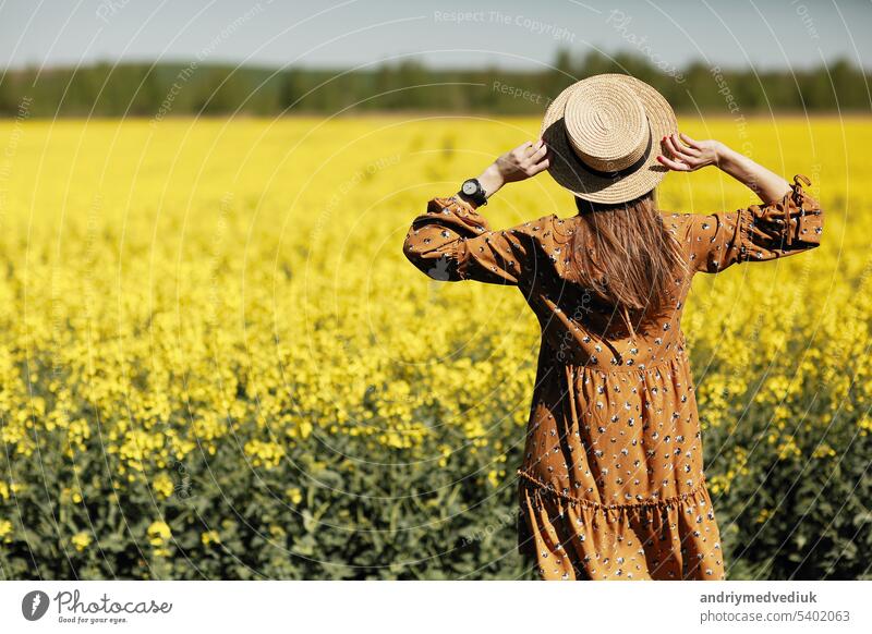 Rückansicht. schöne junge Frau in einem Kleid, die einen Hut hält und in einem Rapsfeld für den Sommer spazieren geht, Blick von hinten. Feld gelb Natur