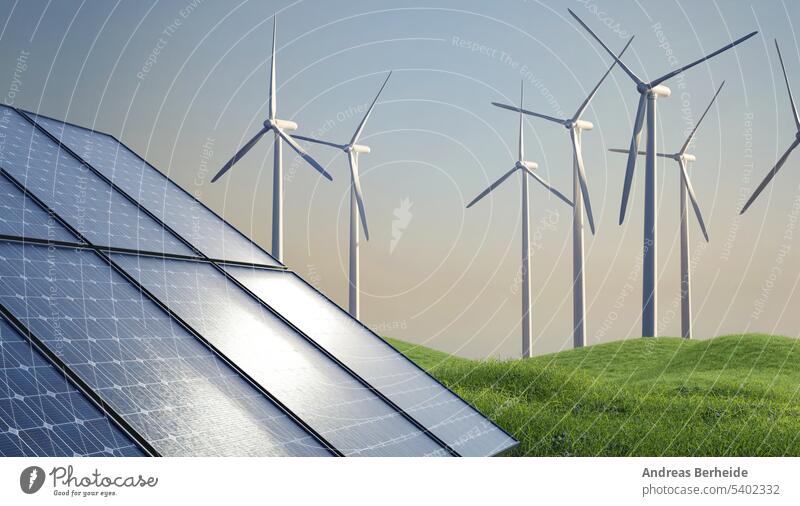 Windkraftanlage und Sonnenkollektoren bei Sonnenaufgang, 3d Rendering, alternative Energieerzeugung Photovoltaik solar Panel Öko Konzept Gerät Batterie