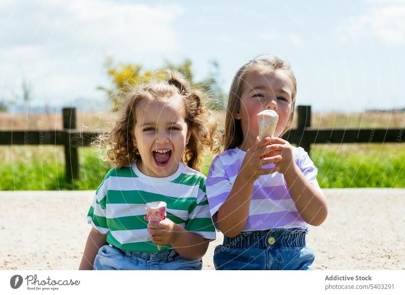 Glückliche kleine Mädchen essen Eis Park Speiseeis Picknick Schwester Dessert Kind geschmackvoll Lächeln heiter Kindheit Freude genießen positiv Geschwisterkind