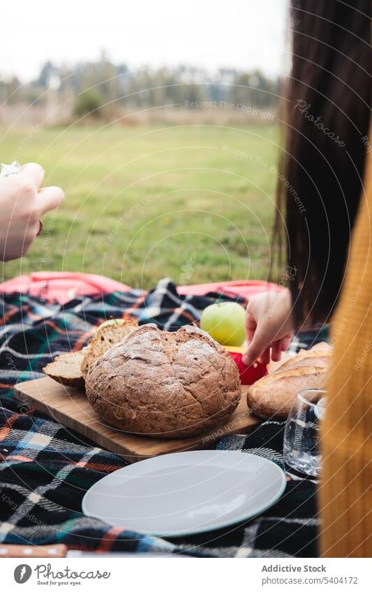 Anonyme Menschen essen Essen auf einer Wiese Picknick Brot Lebensmittel Decke Plaid Rasen Landschaft Zeit verbringen Snack Stoff Gewebe geschmackvoll Wochenende