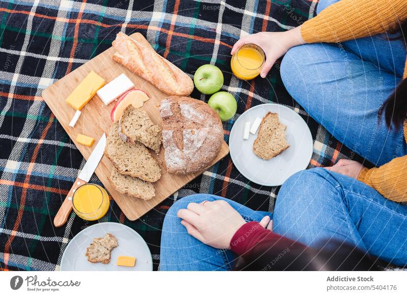 Unbekannte Freunde beim Picknick trinken Orangensaft Käse Brot Messer Lebensmittel Plaid essen Landschaft Decke Saft Zeit verbringen Frucht Snack Glas Scheibe
