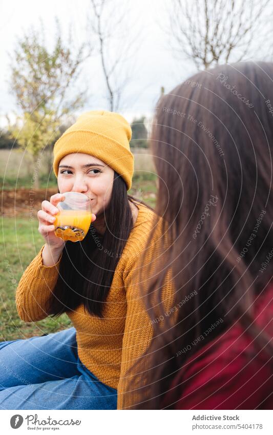 Damen trinken Orangensaft beim Picknick im Park im Herbst Park Frauen Freund Glas Landschaft Lächeln Plaid genießen Rasen Decke Saft Getränk Zeit verbringen