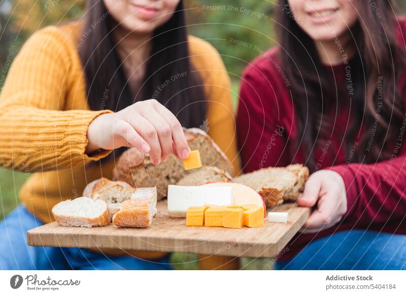 Anonyme Freundinnen beim gemeinsamen Essen auf dem Lande Frauen Picknick Brot Lebensmittel Landschaft essen Käse Schneidebrett Park genießen Rasen