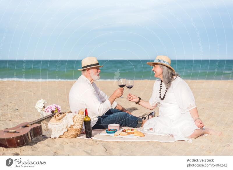 Älteres Paar genießt Picknick am Strand Weinglas Klirren jubelt Zuprosten Liebe Glück Partnerschaft Zusammensein romantisch MEER Lächeln Feiertag Zuneigung