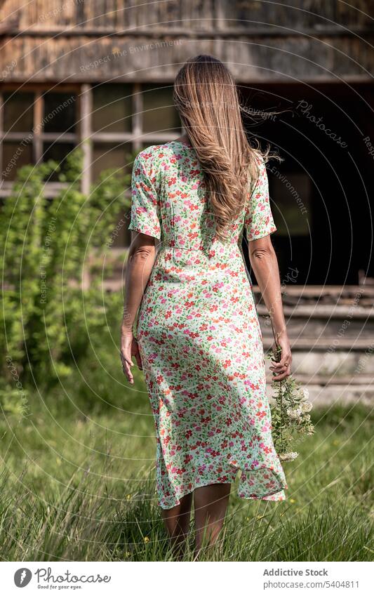 Anonyme Frau auf dem Weg zum Haus auf dem Lande Landschaft Sommer Baracke Scheune Dorf ländlich Natur Kleid hölzern Spaziergang hell Freiheit Gebäude allein
